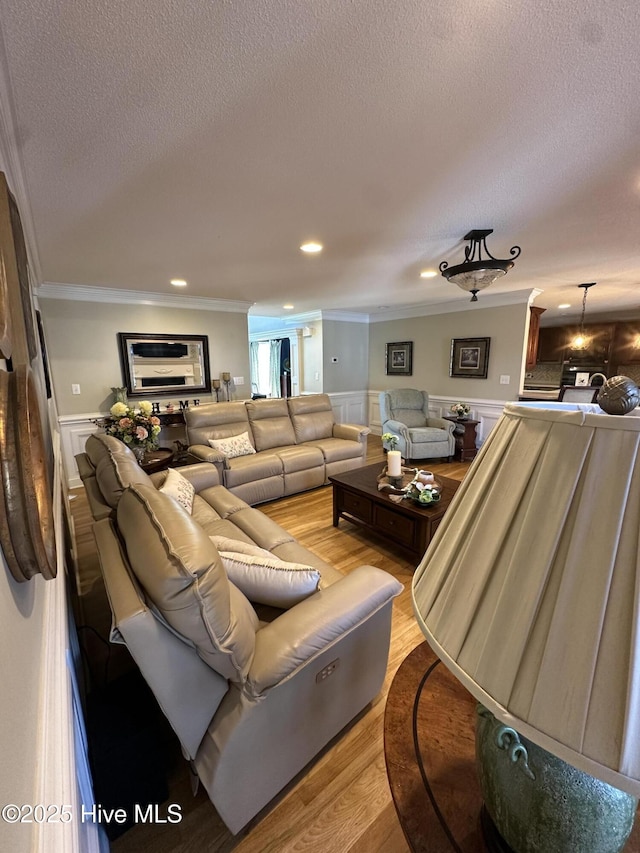 2270 Bella Coola Rd, Lake Waccamaw, NC 28450 - living room with ornamental molding, a textured ceiling, light wood-type flooring, wainscoting, and recessed lighting