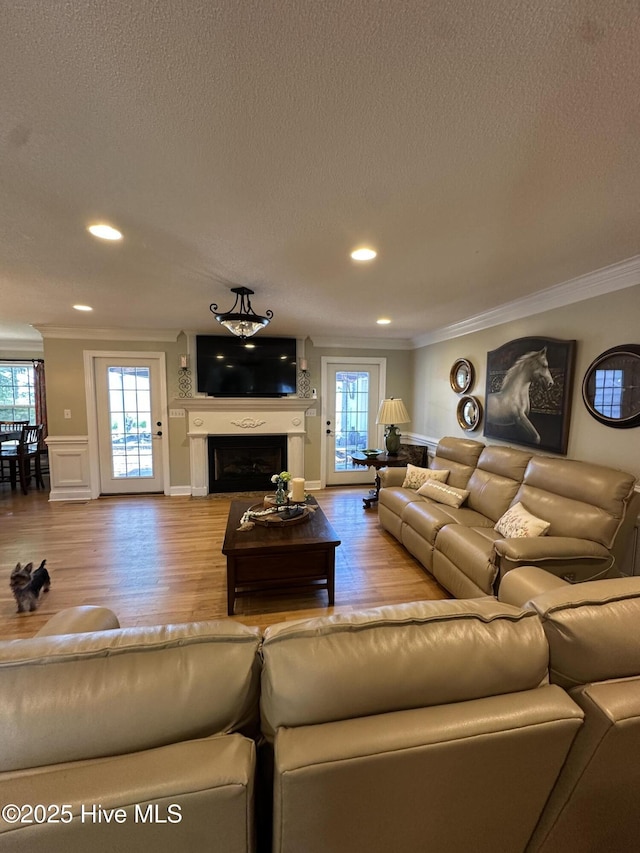 2270 Bella Coola Rd, Lake Waccamaw, NC 28450 - living area featuring ornamental molding, healthy amount of natural light, wood finished floors, recessed lighting, and a fireplace