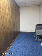 102 W Eden St, Edenton, NC 27932 - exercise room featuring a paneled ceiling, wood walls, and carpet flooring