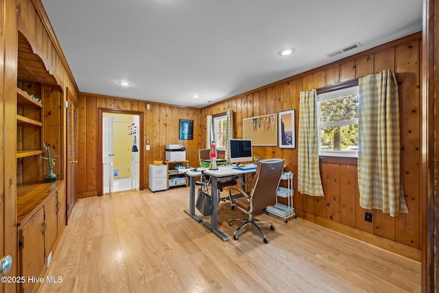 604 W Wilson Creek Dr, Trent Woods, NC 28562 - office area with light wood-style floors, wood walls, and recessed lighting