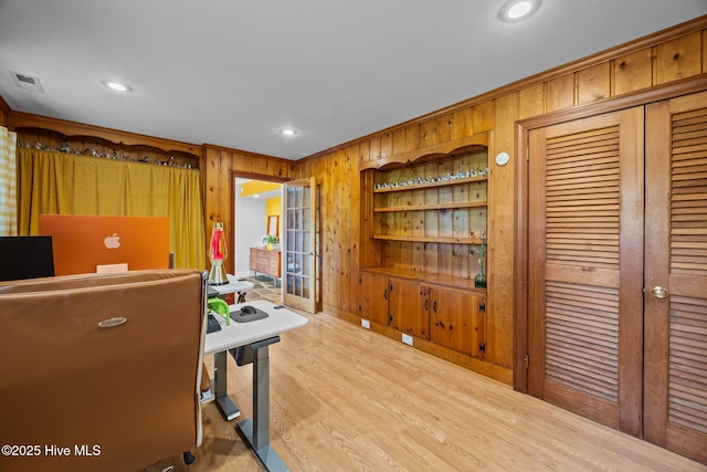 604 W Wilson Creek Dr, Trent Woods, NC 28562 - office space with wood walls, light wood finished floors, recessed lighting, and ornamental molding