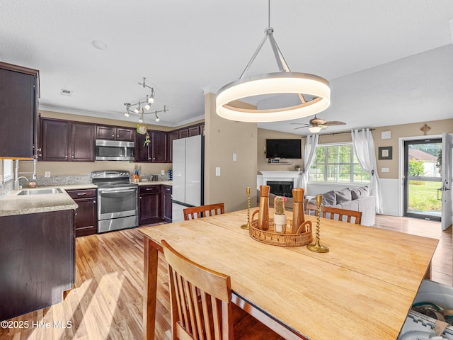165 Parnell Rd, Hubert, NC 28539 - dining space featuring light wood-type flooring, a ceiling fan, and a fireplace