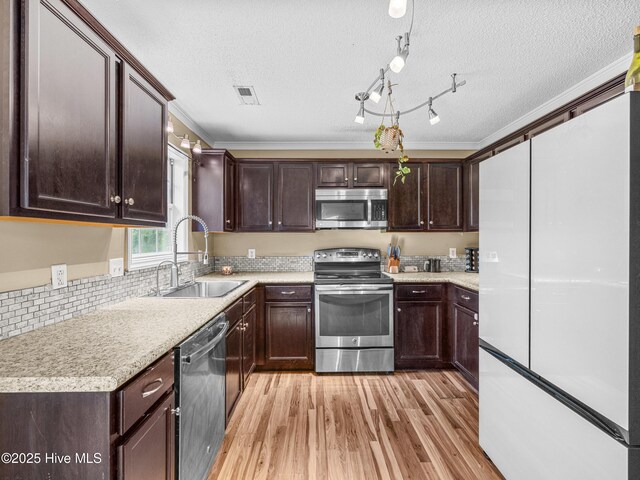 165 Parnell Rd, Hubert, NC 28539 - kitchen featuring stainless steel appliances, dark brown cabinets, light wood-type flooring, crown molding, and light countertops
