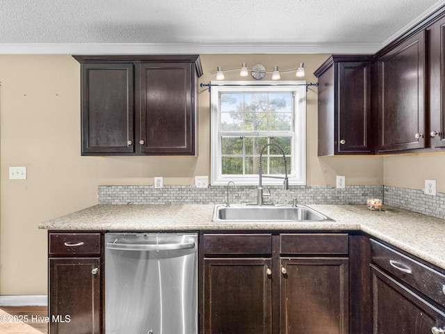 165 Parnell Rd, Hubert, NC 28539 - kitchen with stainless steel dishwasher, dark brown cabinets, a textured ceiling, light countertops, and crown molding