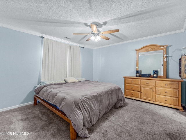 165 Parnell Rd, Hubert, NC 28539 - carpeted bedroom with ornamental molding, a textured ceiling, and a ceiling fan