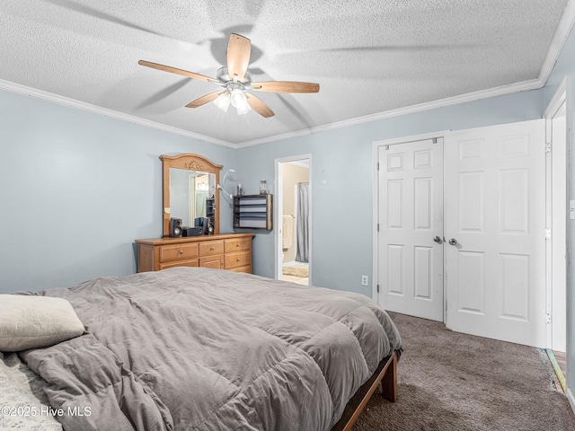 165 Parnell Rd, Hubert, NC 28539 - bedroom featuring carpet flooring, crown molding, a textured ceiling, a ceiling fan, and ensuite bathroom