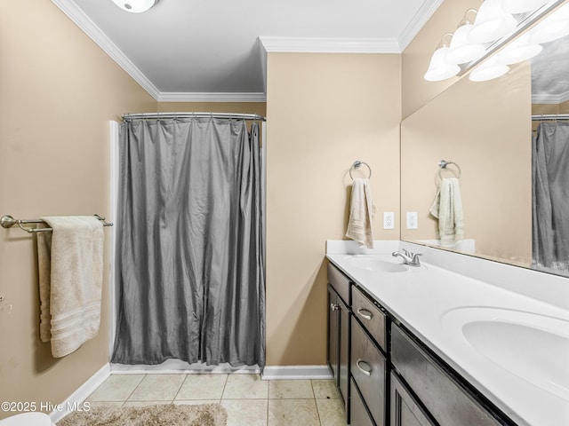 165 Parnell Rd, Hubert, NC 28539 - full bath featuring double vanity, crown molding, tile patterned flooring, and a shower with curtain