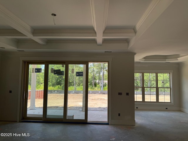 453 Motts Forest Rd Unit 70, Wilmington, NC 28412 - doorway to outside with coffered ceiling, crown molding, healthy amount of natural light, beam ceiling, and concrete floors