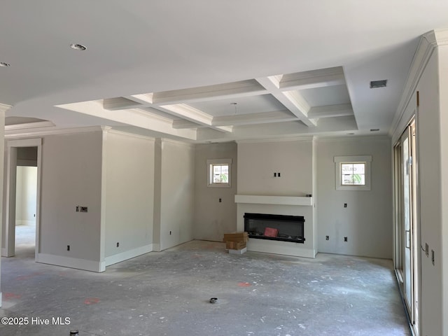 453 Motts Forest Rd Unit 70, Wilmington, NC 28412 - unfurnished living room featuring a fireplace, coffered ceiling, beam ceiling, ornamental molding, and decorative columns