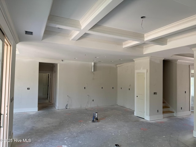 453 Motts Forest Rd Unit 70, Wilmington, NC 28412 - spare room featuring coffered ceiling, ornamental molding, beam ceiling, stairs, and decorative columns