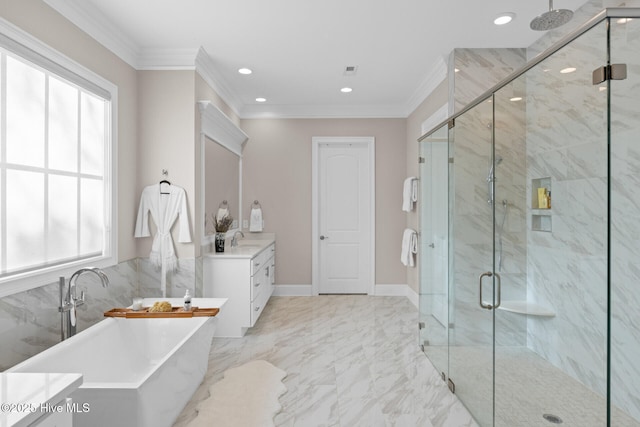 805 Wild Turkey Pl, Wilmington, NC 28405 - bathroom featuring a marble finish shower, a freestanding bath, vanity, crown molding, and recessed lighting