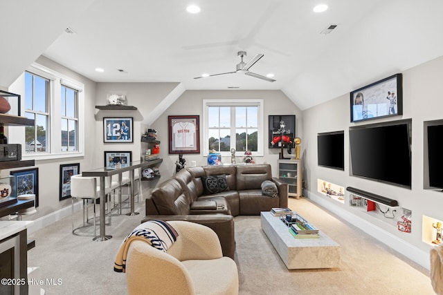 805 Wild Turkey Pl, Wilmington, NC 28405 - carpeted living area with recessed lighting, a ceiling fan, and lofted ceiling