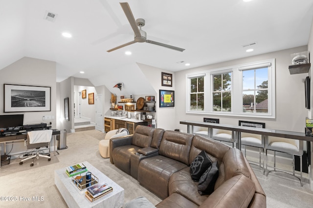 805 Wild Turkey Pl, Wilmington, NC 28405 - living room with light colored carpet, an office area, lofted ceiling, ceiling fan, and recessed lighting
