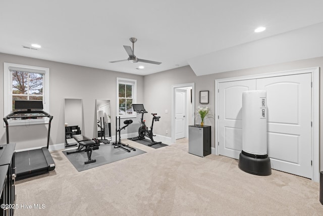 805 Wild Turkey Pl, Wilmington, NC 28405 - exercise area with carpet flooring, a ceiling fan, healthy amount of natural light, and recessed lighting