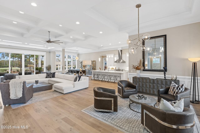 805 Wild Turkey Pl, Wilmington, NC 28405 - living room with hardwood / wood-style flooring, recessed lighting, ornamental molding, coffered ceiling, and beamed ceiling