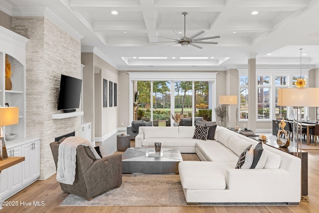 805 Wild Turkey Pl, Wilmington, NC 28405 - living room with light wood-style flooring, ceiling fan, recessed lighting, a stone fireplace, and beam ceiling