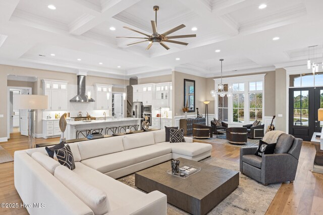 805 Wild Turkey Pl, Wilmington, NC 28405 - living room with coffered ceiling, light wood finished floors, recessed lighting, beam ceiling, and a ceiling fan