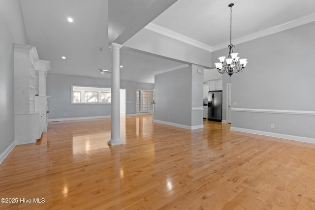 183 Baker Cir W, End, NC 27376 - unfurnished living room featuring ceiling fan, ornamental molding, decorative columns, a chandelier, and light wood-style floors