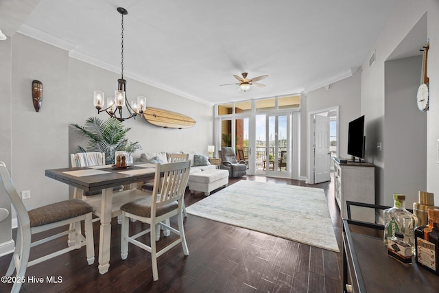 219 Sky Sail Blvd, New Bern, NC 28560 - dining area with ornamental molding, dark wood-type flooring, ceiling fan, and a chandelier