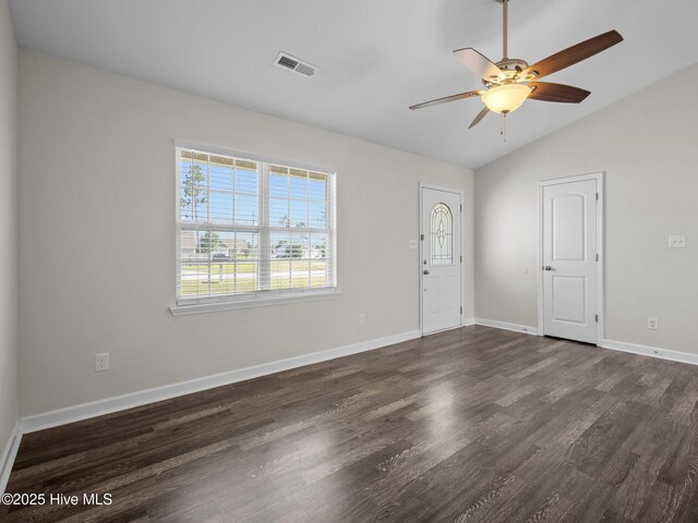 404 Bristol Ln, Hubert, NC 28539 - foyer with plenty of natural light, a ceiling fan, vaulted ceiling, and dark wood finished floors