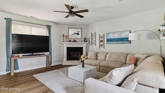 75 Bynum Ct, Vass, NC 28394 - living room with a ceiling fan, wood finished floors, and a glass covered fireplace