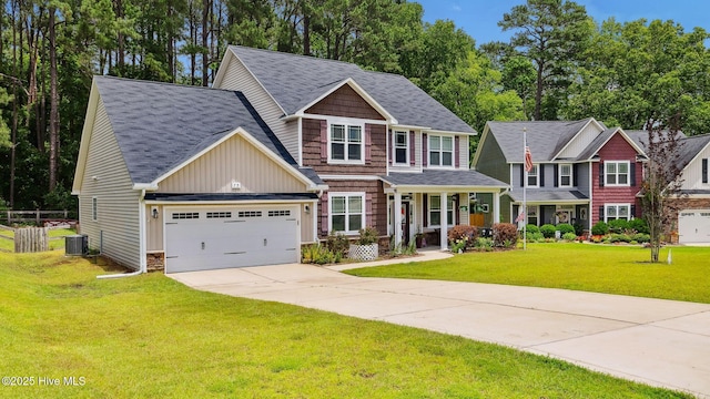 75 Bynum Ct, Vass, NC 28394 - craftsman-style house featuring driveway, board and batten siding, a front lawn, a garage, and roof with shingles