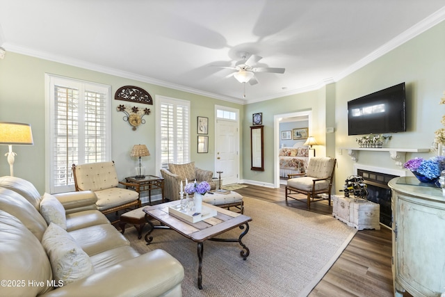 1178 Eastwood Landing Way, Sunset Beach, NC 28468 - living area featuring wood finished floors, crown molding, and ceiling fan
