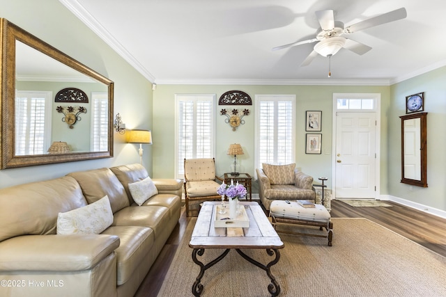 1178 Eastwood Landing Way, Sunset Beach, NC 28468 - living room with crown molding, plenty of natural light, wood finished floors, and ceiling fan