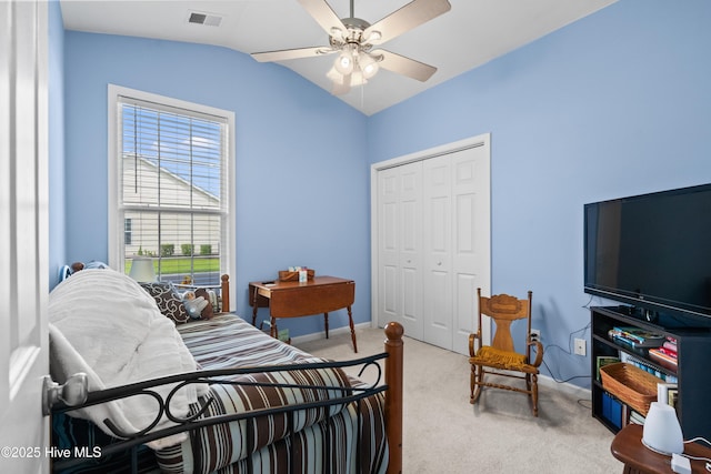 73 Field Planters Cir, Calabash, NC 28467 - bedroom featuring light carpet, a closet, vaulted ceiling, and ceiling fan