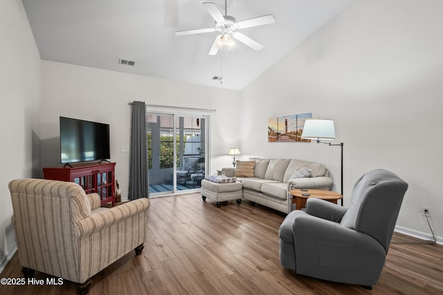 73 Field Planters Cir, Calabash, NC 28467 - living area with wood finished floors, a ceiling fan, and high vaulted ceiling
