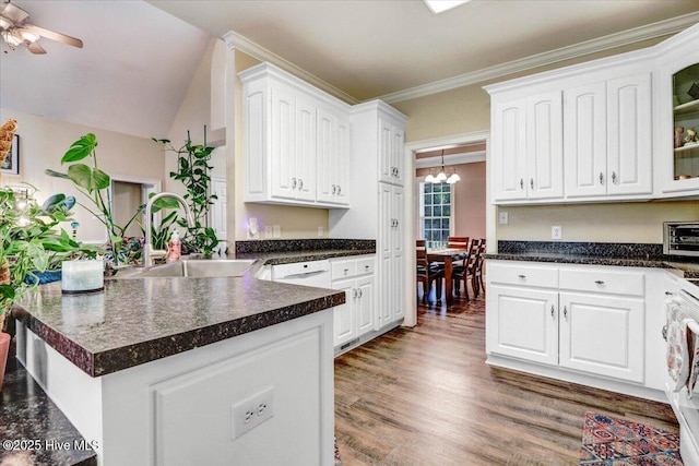 419 Morgan Trace Ln, Goldsboro, NC 27530 - kitchen featuring white cabinetry, dark countertops, a peninsula, wood finished floors, and ornamental molding