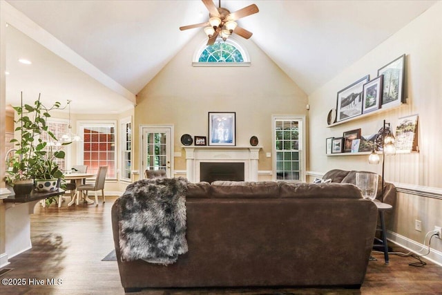 419 Morgan Trace Ln, Goldsboro, NC 27530 - living room featuring ceiling fan, dark wood-type flooring, high vaulted ceiling, and a fireplace