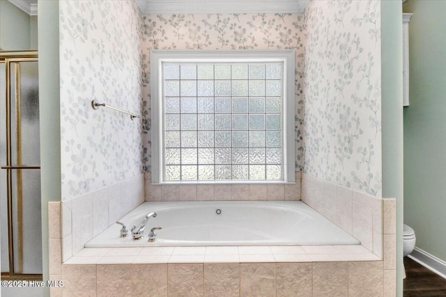 419 Morgan Trace Ln, Goldsboro, NC 27530 - full bathroom with wallpapered walls, a garden tub, and ornamental molding