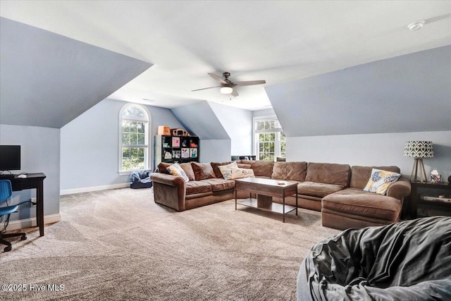 419 Morgan Trace Ln, Goldsboro, NC 27530 - living area featuring vaulted ceiling, carpet, ceiling fan, and an office area