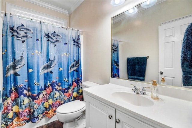 419 Morgan Trace Ln, Goldsboro, NC 27530 - bathroom with ornamental molding, vanity, curtained shower, and wood finished floors