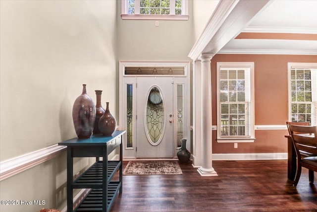 419 Morgan Trace Ln, Goldsboro, NC 27530 - foyer entrance featuring ornate columns, crown molding, plenty of natural light, and wood finished floors
