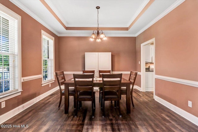 419 Morgan Trace Ln, Goldsboro, NC 27530 - dining area with a tray ceiling, a chandelier, dark wood finished floors, and ornamental molding