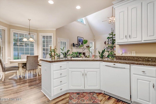 419 Morgan Trace Ln, Goldsboro, NC 27530 - kitchen with dishwasher, a peninsula, dark countertops, a skylight, and light wood-style floors