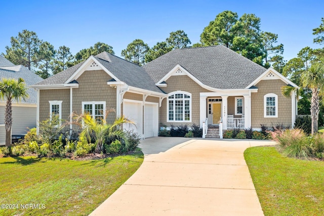 1119 Sea Bourne Way, Sunset Beach, NC 28468 - view of front of property featuring covered porch, an attached garage, a front yard, roof with shingles, and concrete driveway