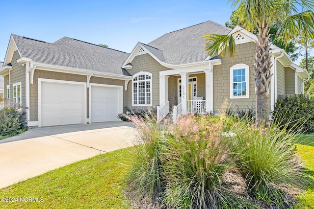 1119 Sea Bourne Way, Sunset Beach, NC 28468 - view of front of house with an attached garage, a shingled roof, a porch, and concrete driveway