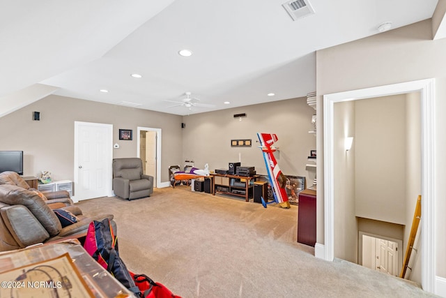 1119 Sea Bourne Way, Sunset Beach, NC 28468 - living room featuring ceiling fan, carpet flooring, and recessed lighting