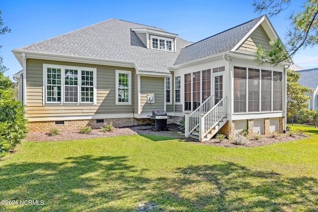 1119 Sea Bourne Way, Sunset Beach, NC 28468 - back of property featuring crawl space, a shingled roof, a sunroom, and a lawn