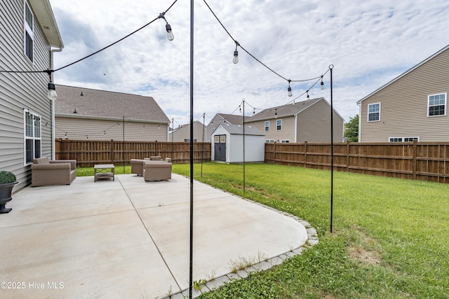 411 Isabelle St, New Bern, NC 28560 - fenced backyard with an outdoor living space, a patio area, a storage shed, and a residential view