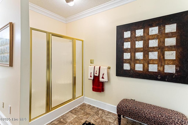35 Magnolia Ave, Pinehurst, NC 28374 - full bath with crown molding, a shower stall, and a textured ceiling
