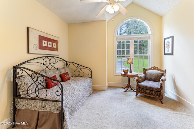 35 Magnolia Ave, Pinehurst, NC 28374 - carpeted bedroom with a textured ceiling, vaulted ceiling, and a ceiling fan