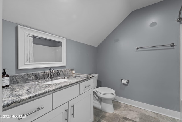 1 Miles Ct, Pinehurst, NC 28374 - full bathroom with vanity, vaulted ceiling, and a shower with shower curtain