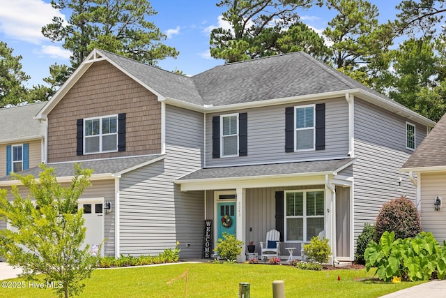 3243 Kellerton Pl, Wilmington, NC 28409 - traditional home featuring a porch, a garage, a front lawn, board and batten siding, and a shingled roof