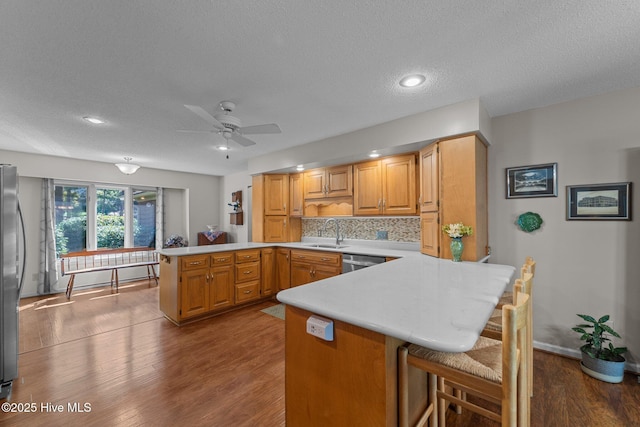 115 Baker Cir W, End, NC 27376 - kitchen with a peninsula, light countertops, dark wood finished floors, a ceiling fan, and appliances with stainless steel finishes