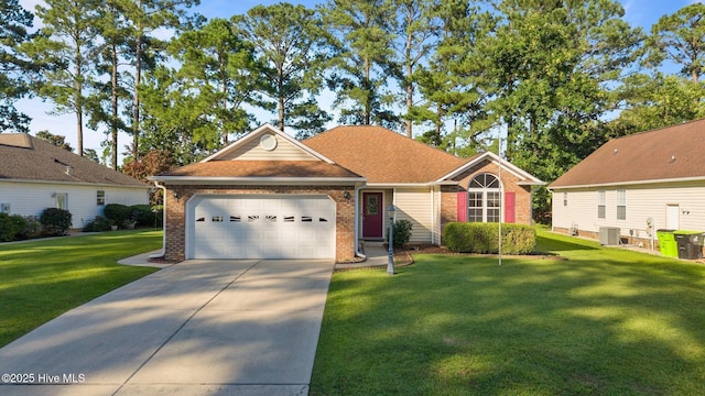 108 Bayswater Ct, New Bern, NC 28562 - view of front facade with brick siding, an attached garage, a front lawn, and concrete driveway
