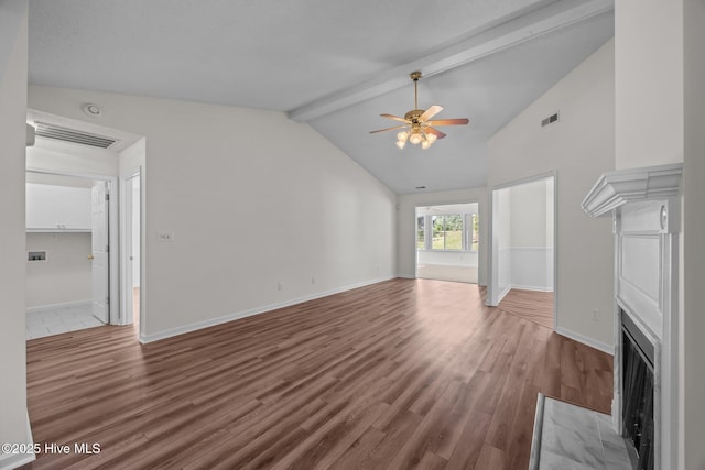 108 Bayswater Ct, New Bern, NC 28562 - unfurnished living room featuring a fireplace with flush hearth, a ceiling fan, and wood finished floors